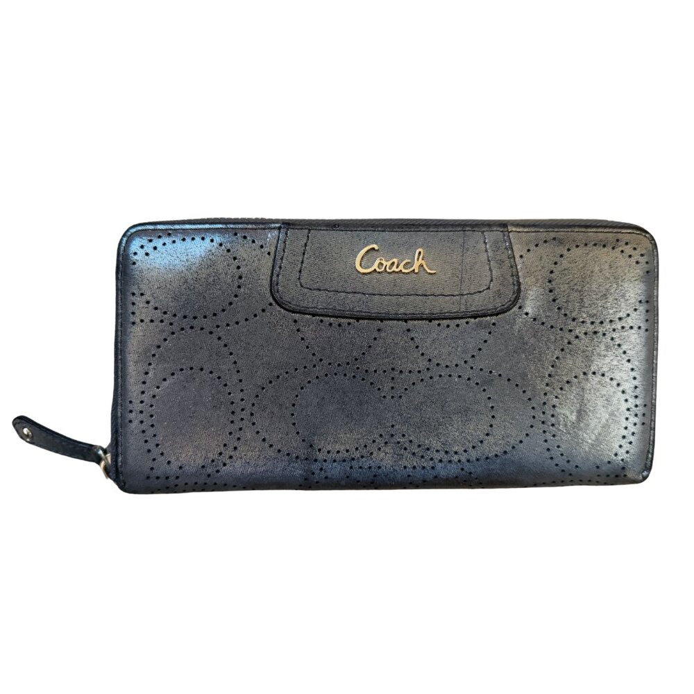 Coach Gray Zip-Around Wristlet Wallet | Signature Perforated Design